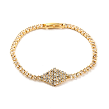 Rack Plating Brass Rhombus Link Bracelet with Cubic Zirconia Tennis Chains, Long-Lasting Plated, Cadmium Free & Lead Free, Real 18K Gold Plated, 7-1/4 inch(18.3cm)