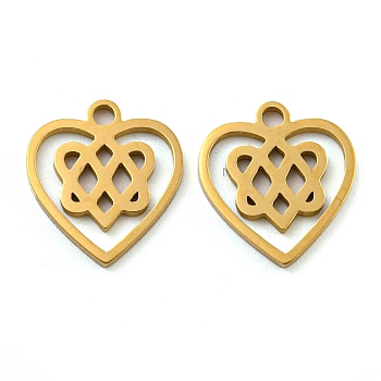 Ion Plating(IP) 316 Surgical Stainless Steel Charms, Laser Cut, Heart with Knot Charm, Real 18K Gold Plated, 13.5x12x1mm, Hole: 1.6mm