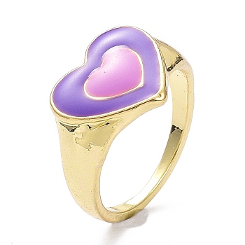 Heart Alloy Enamel Finger Rings, Light Gold, Purple, 2mm, US Size 8 1/2(18.5mm)