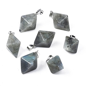 Natural Labradorite Pendants, with Platinum Plated Iron Findings, Bicone, 28~29.5x20x20mm, Hole: 4~5x6.5~7mm