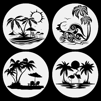 PVC Window Sticker, Flat Round Shape, for Window or Stairway  Decoration, Beach Theme Pattern, Sticker: 16x16cm, 4 styles, 1pc/style, 4pcs/set