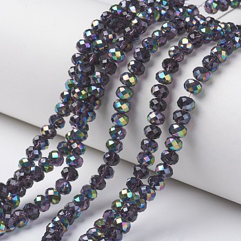 Electroplate Transparent Glass Beads Strands, Half Multi-color Plated, Faceted, Rondelle, Midnight Blue, 4x3mm, Hole: 0.4mm, about 130pcs/strand, 16.54 inch(42cm)