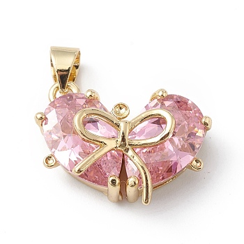 Rack Plating Brass Micro Pave Cubic Zirconia Pendants, Long-Lasting Plated, Cadmium Free & Lead Free, Real 18K Gold Plated, Heart with Bowknot Charm, Pink, 19x18x8mm, Hole: 5x3mm