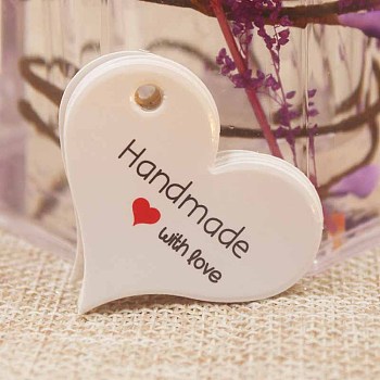 Paper Gift Tags, Hang Tags, For Arts and Crafts, For Valentine's Day, Thanksgiving, Heart with Word Thank You, White, 32x39x0.4mm, Hole: 4mm