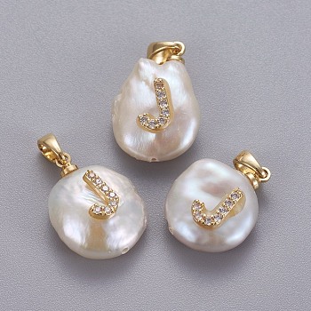 Natural Cultured Freshwater Pearl Pendants, with Brass Micro Pave Cubic Zirconia Findings, Nuggets with Letter, Long-Lasting Plated, Golden, Clear, Letter.J, 17~27x12~16x6~12mm, Hole: 4x2.5mm