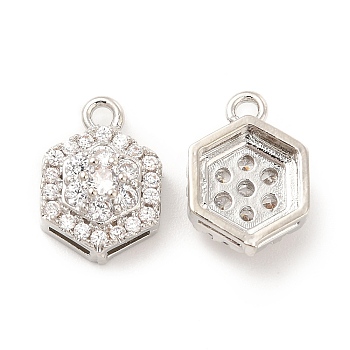Brass Micro Pave Cubic Zirconia Charms, Hexagon Charm, Platinum, Clear, 14x9.5x5.5mm, Hole: 1.5mm