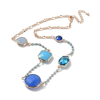 Blue Glass Flat Round Pendant Necklace with Brass Chains, Light Gold, 15.75 inch(400mm)