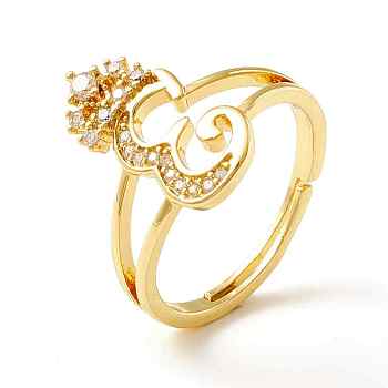 Clear Cubic Zirconia Initial Letter with Crown Adjustable Ring, Real 18K Gold Plated Brass Alphabet Ring for Women, Cadmium Free & Lead Free, Letter.E, US Size 6(16.5mm)