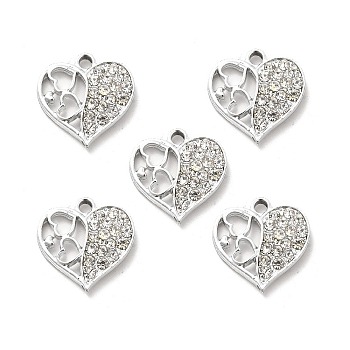 Alloy Rhinestone Pendants, Platinum Tone Hollow Out Heart Charms, Crystal, 18.5x17.5x3.2mm, Hole: 2mm
