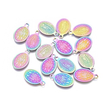Ion Plating(IP) 304 Stainless Steel Charms, Laser Cut, Oval with Virgin Mary, Rainbow Color, 14.5x9x0.6mm, Hole: 1.4mm