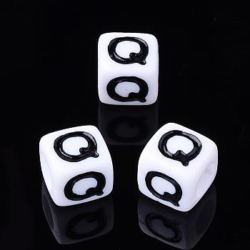 Letter Acrylic Beads, Cube, White, Letter Q, Size: about 7mm wide, 7mm long, 7mm high, hole: 3.5mm, about 2000pcs/500g