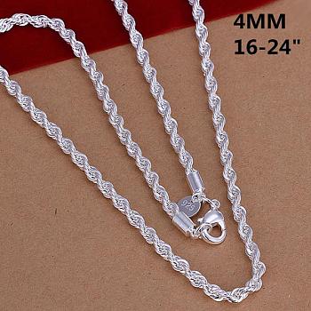 Popular Silver Color Plated Brass Rope Chain Necklaces For Men, with Lobster Claw Clasps, 20 inch, 4mm
