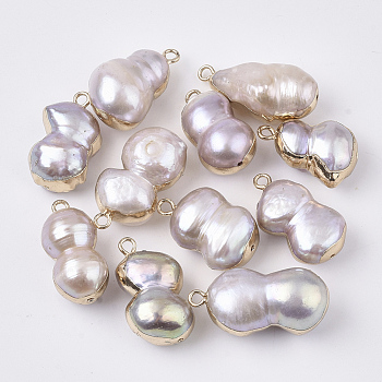 Natural Cultured Freshwater Pearl Pendants, with Half Hole and Brass Loop, Edge Plated, Calabash, Golden, Thistle, 19.5~26x9~14.5x8~12mm, Hole: 1.8mm, Half Hole: 0.9mm