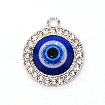 Zinc Alloy Big Pendants, with Resin and Rhinestone, Flat Round with Evil Eyes, Platinum, 22x18.5x5mm, Hole: 2mm