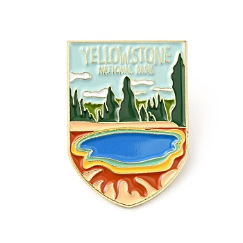 Creative Landscape Theme Enamel Pin, Gold Plated Alloy Word Yellowstone National Park Badge for Backpack Clothes, Flag Pattern, 30x21.5x1.5mm