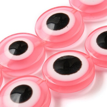 Resin Imitation Lampwork Beads Strands, Flat Round with Evil Eye, Hot Pink, 20x9mm, Hole: 1.4mm, about 20pcs/strand, 15.94 inch(40.5cm)