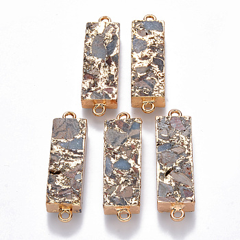 Synthetic Aqua Terra Jasper Links connectors, with Golden Plated Brass Settings and Iron Loops, Rectangle, Colorful, 44~45.5x13x7~8mm, Hole: 2mm