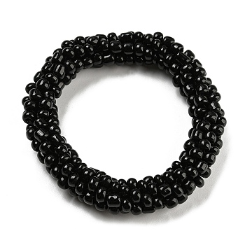 Crochet Glass Beads Braided Stretch Bracelet, Nepel Boho Style Bracelet, Black, Inner Diameter: 1-3/4 inch(4.5cm)