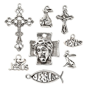 80Pcs 8 Style Tibetan Style Alloy Pendants, Rabbit & Ichthus & Heart & Word & Crucifix Cross & Cross with Jesus, for Easter, Antique Silver, 11~43.5x9.5~26x2~7mm, Hole: 1.5~3mm, 10pcs/style