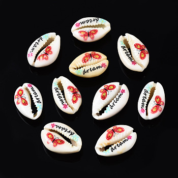 Printed Natural Cowrie Shell Beads, No Hole, Butterfly Pattern & Word Dream, Red, 18~23x13~16x7~8mm