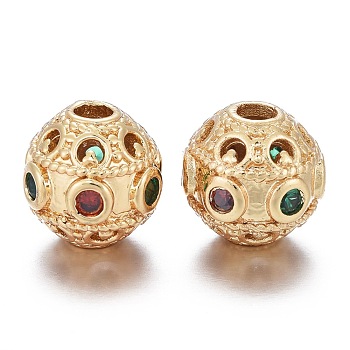 Brass Micro Pave Cubic Zirconia Beads, Bumpy, Hollow, Long-Lasting Plated, Round, Red & Green, Real 18K Gold Plated, 10.5x10mm, Hole: 2.4mm