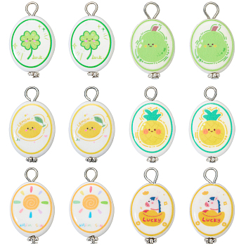 12Pcs 6 Styles Handmade Printed Porcelain Pendants, with Iron Findings, Oval, Platinum, Mixed Color, 21~22mm, Hole: 3~4mm, 2pcs/style