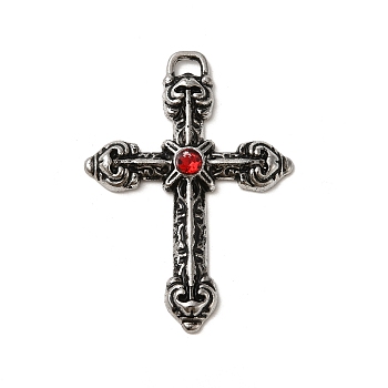 Alloy with Ruby Rhinestone Big Pendants, Cross Charms, Antique Silver, 50x35.5x4mm, Hole: 2.5x4.5mm