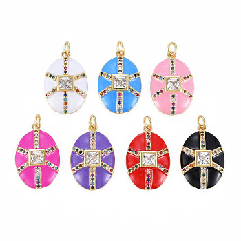 Brass Micro Pave Colorful Cubic Zirconia Pendants, with Jump Rings and Enamel, Nickel Free, Oval, Real 16K Gold Plated, Mixed Color, 21.5x14x4mm, Jump Ring: 5x1mm, 3mm inner diameter