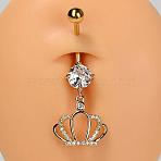304 Stainless Steel Pave Clear Cubic Zirconia Curved Barbell Dangle Belly Rings, Golden, Crown, 39mm(FS-WG828D7-05)