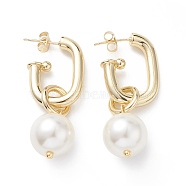 Brass Oval with ABS Pearl Dangle Stud Earrings for Women, White, 47mm, Pin: 0.7mm(EJEW-C059-01G)