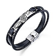 Leather Braided Cords Triple Layer Multi-strand Bracelet, Stainless Steel Musical Note Link Bracelet for Men, Black, 8-5/8 inch(22cm)(PW-WG63277-01)
