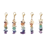 7 Chakra Natural Mixed Gemstone Chip Pendant Decorations, with Stainless Steel Lobster Claw Clasps and Star/Moon/Leaf/Clover Charm, Mixed Shapes, 46~47mm(HJEW-JM01023)