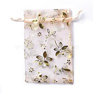 Organza Drawstring Jewelry Pouches, Wedding Party Gift Bags, Rectangle with Gold Stamping Flower Pattern, PeachPuff, 15x10x0.11cm(OP-I001-A09)