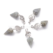 Natural Labradorite Pendants, with Platinum Brass Snap on Bails, Votex/Om Symbol/Tree of Life/Flower of Life/Star of David, Cone Pendulum, 48mm, Hole: 8mm(G-O194-02)