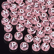 Transparent Acrylic Beads, Horizontal Hole, Mixed Letters, Flat Round, Pink, 7x4mm, Hole: 1.5mm, about 3700pcs/500g(TACR-N002-04J)