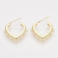Brass Stud Earring Findings, with Loop, Nickel Free, Heart, Real 18K Gold Plated, 17x19.5x2.5mm, Hole: 1mm, Pin: 0.8mm(KK-T054-57G-NF)