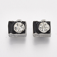 Platinum Plated Alloy European Beads, with Crystal Rhinestone and Enamel, Large Hole Beads, Camera, Black, 9x10x9mm, Hole: 4.5mm(MPDL-S067-34)