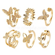 6Pcs 6 Styles Adjustable Brass Micro Pave Clear Cubic Zirconia Cuff Rings, Open Rings, Long-Lasting Plated, Butterfly & Flower & Leafy Branches, Real 16K Gold Plated, Inner Diameter: 17mm, 1pc/style(RJEW-LS0001-23G)