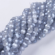 Electroplate Glass Beads Strands, Imitation Jade, Pearl Luster Plated, Faceted(32 Facets), Round, Dark Blue, 3.5~4.5mm, Hole: 0.5mm, about 100pcs/strand, 13.9~15.7 inch(35.5~40cm)(EGLA-F120-PL-B02)