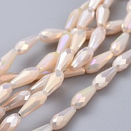 Electroplated Opaque Glass Beads Strands, Full Rainbow Plated, Faceted, Teardrop, Bisque, 9~10x4mm, Hole: 0.8mm, about 70~72pcs/strand, 25.98 inch~27.95 inch(66~71cm)(EGLA-L015-FR-B10)