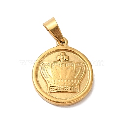 304 Stainless Steel Pendants, Golden, Flat Round with Crown Charm, 21x18x3mm, Hole: 4x6mm(STAS-I200-01)