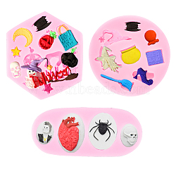 Halloween Theme Food Grade Silicone Molds, Fondant Molds, For DIY Cake Decoration, Chocolate, Candy, UV Resin & Epoxy Resin Jewelry Making, Mixed Shapes, Pink, 85x8mm, 90x84x10mm, 110x48x11mm, 3pcs/set(DIY-SC0009-93)