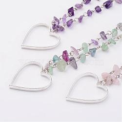 Gemstone beads Pendant Necklaces, with Silver Color Plated Alloy Hollow Heart Pendants, Mixed Color, 28.3 inch(72cm), 4~8mm(NJEW-JN01703)