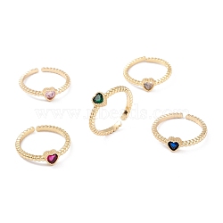 Brass Micro Pave Cubic Zirconia Cuff Rings, Open Rings, Long-Lasting Plated, Real 18K Gold Plated, Heart, Mixed Color, 2mm, Inner Diameter: 17mm(RJEW-M138-11G)