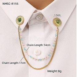 304 Stainless Steel & Dyed Stone Round Hanging Chain Brooch, Golden, Dark Sea Green, 170mm, Brooch: 15mm(JEWB-S021-01G-02)