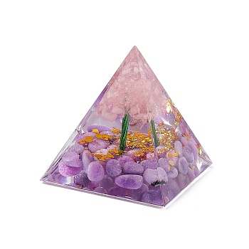 Orgonite Pyramid Resin Display Decorations, with Gold Foil and Natural Amethyst Chips Inside, for Home Office Desk, 50x50x51.5mm