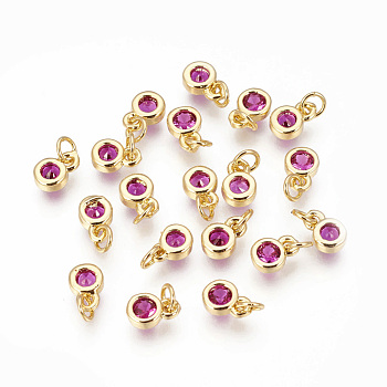Brass with Single Cubic Zirconia Charms, Single Stone Charms, Flat Round, Golden, Magenta, 6.5x4.5x2mm, Hole: 2.5~3mm