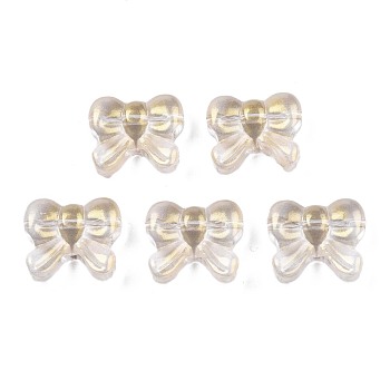 Transparent Spray Painted Glass Beads, with Glitter Powder, Bowknot, Goldenrod, 14x16x6mm, Hole: 1mm