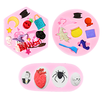 Halloween Theme Food Grade Silicone Molds, Fondant Molds, For DIY Cake Decoration, Chocolate, Candy, UV Resin & Epoxy Resin Jewelry Making, Mixed Shapes, Pink, 85x8mm, 90x84x10mm, 110x48x11mm, 3pcs/set