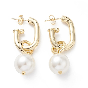 Brass Oval with ABS Pearl Dangle Stud Earrings for Women, White, 47mm, Pin: 0.7mm